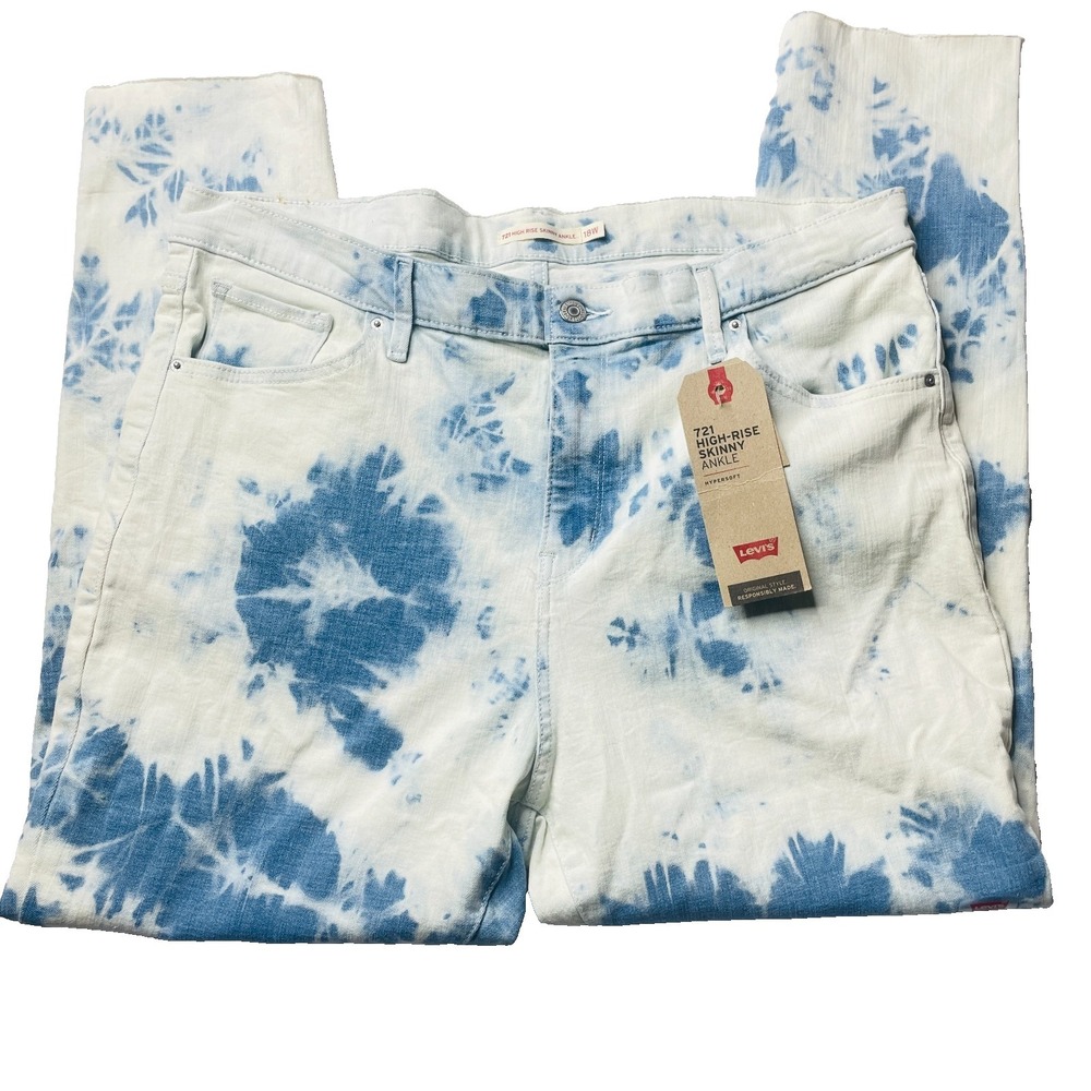 RARE Levis 721 High Rise Skinny Ankle Jeans Womens 18W Blue Tie Dye Stretch
